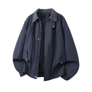 JK733-M-3XL-特P52-美式复古哈灵顿夹克防风翻领撞色格子领外套图片