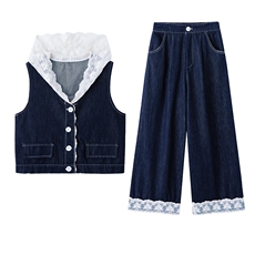 2025夏季新款韩版时尚显瘦马甲拼接阔腿裤两件套女设计感小众套装，女装套装/套裙，苗苗