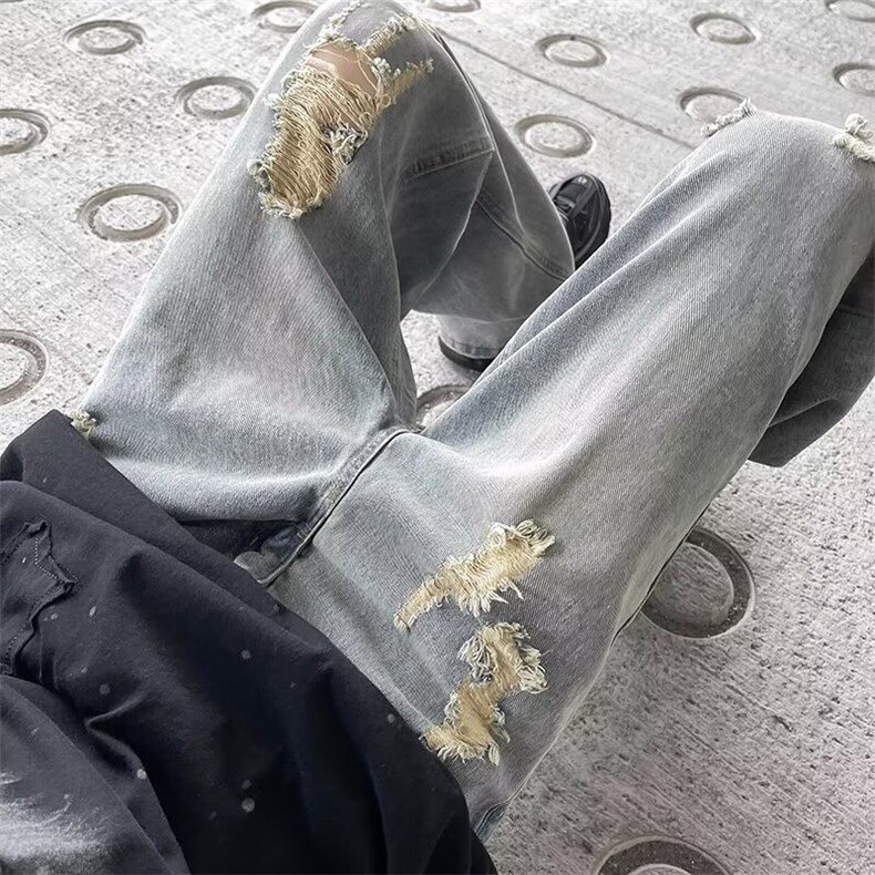 美式街头水洗做旧破洞牛仔裤男欧美高街vibe风长裤子N02256-P48,男装牛仔裤,星座308B-2