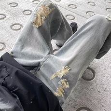 美式街头水洗做旧破洞牛仔裤男欧美高街vibe风长裤子N02256-P48，男装牛仔裤，星座308B-2