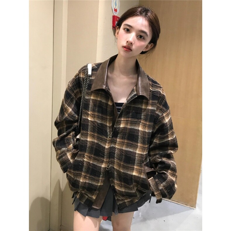 B997-P86 美式复古翻领格子夹克男女2025秋季新款宽松百搭棒球服图片