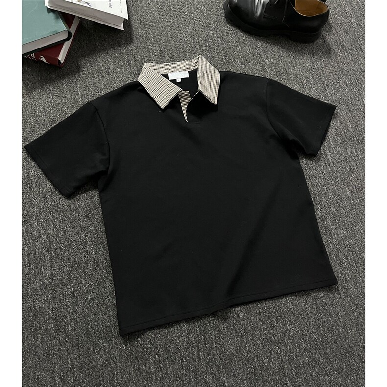 网图-夏装新款千鸟格拼接翻领短袖T恤POLO衫夏季男装半袖S421特38,男装Polo衫,电商A233-1