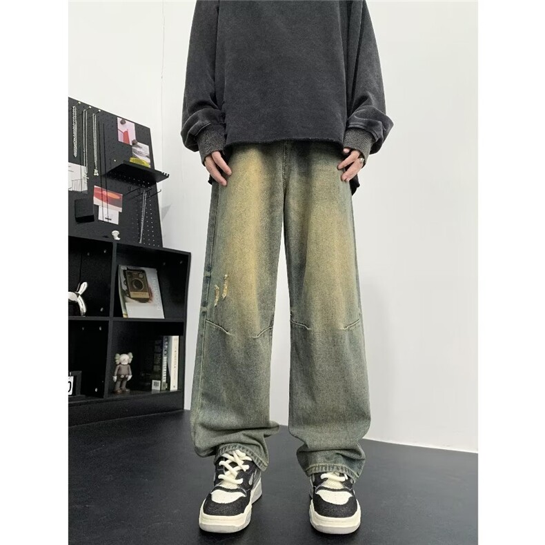 高街vibe美式复古垂感阔腿牛仔裤男女款水洗做旧怀旧直筒宽松长裤,男装牛仔裤,星座601-2