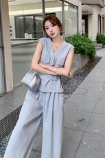 蓝色又酷又飒套装女夏新款韩版气质收腰V领上衣阔腿拖地裤两件套，女装套装/套裙，幸运星
