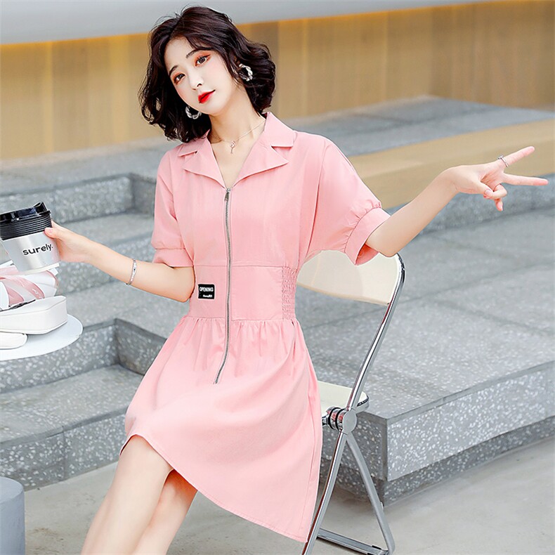 2024夏季新款简约优雅气质翻领休闲时尚高腰舒适修身连衣裙，女装连衣裙，三木叶子