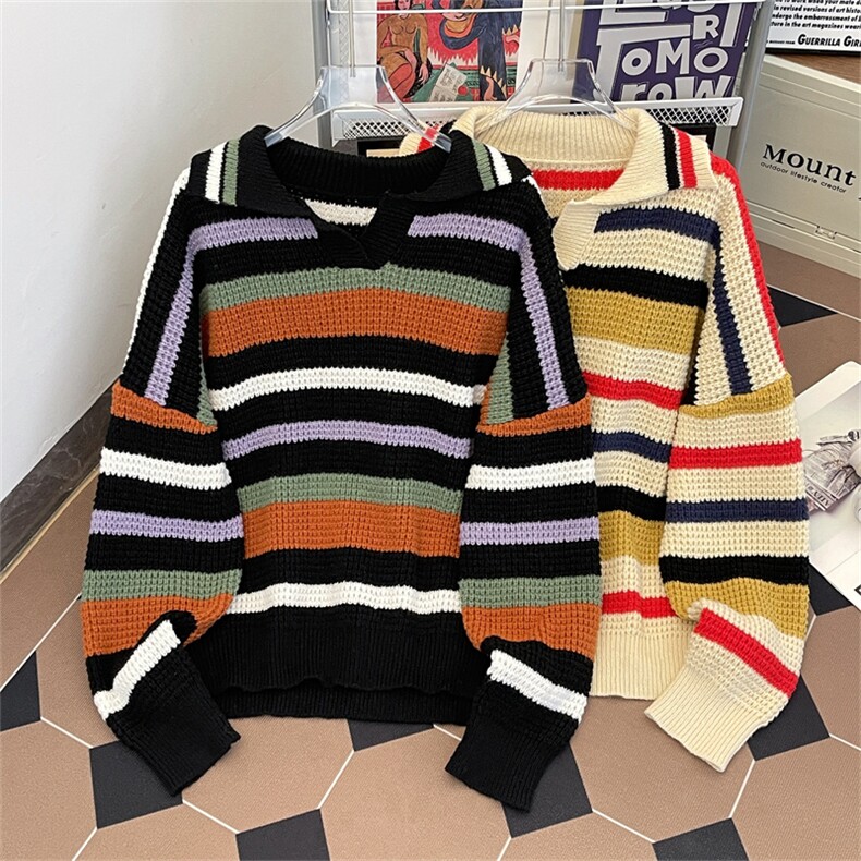 秋款男Polo领毛衣宽松彩色条纹针织衫宽松线衣外套M6525P58，男装Polo衫，星座1013-1