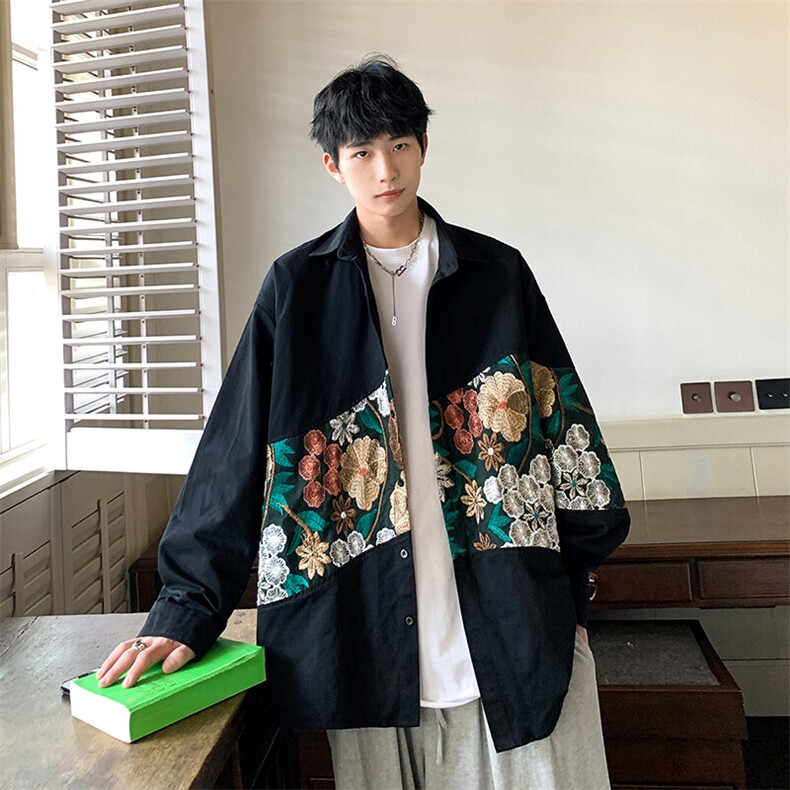 1港风衬衣男情侣大码M-5XL中性刺绣潮长袖衬衫男CS9743P50控78，男装衬衫，星座226-2