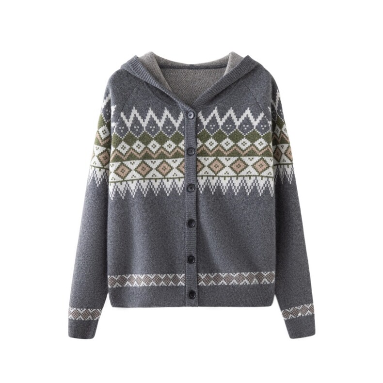 2025年秋季时尚百搭通勤简约休闲七针加厚提花费尔岛帽衫开衫，女装羊绒衫，轩妮羊绒