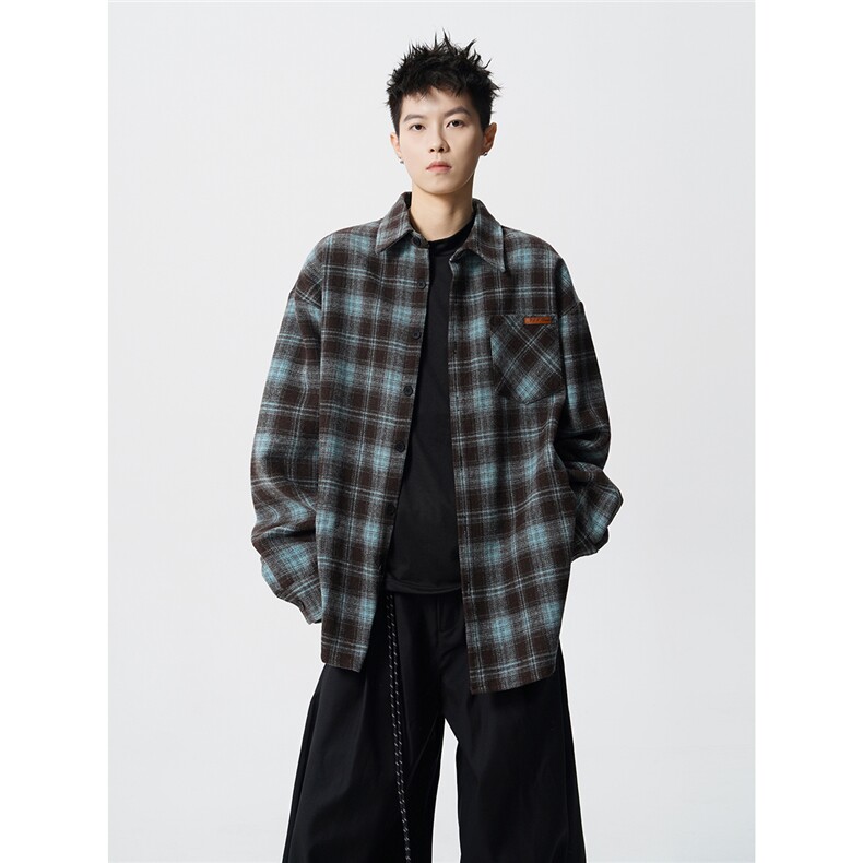 美式复古加厚格纹衬衫大码宽松慵懒风长袖衬衣磨毛外套CS9006/P58图片