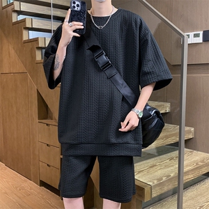 TZ94347/P60夏季宽松T恤短裤提花套装男大码港风两件套也可单卖图片