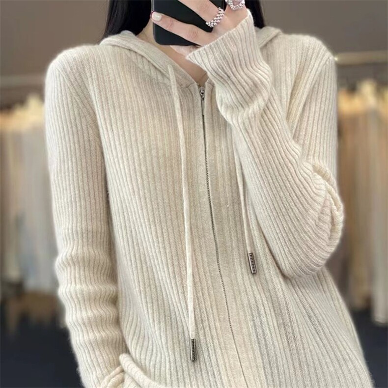 25秋冬新款100%羊毛连帽拉链开衫女羊绒针织宽松百搭坑条上衣外套,针织衫/毛衣,萱芳婷羊绒