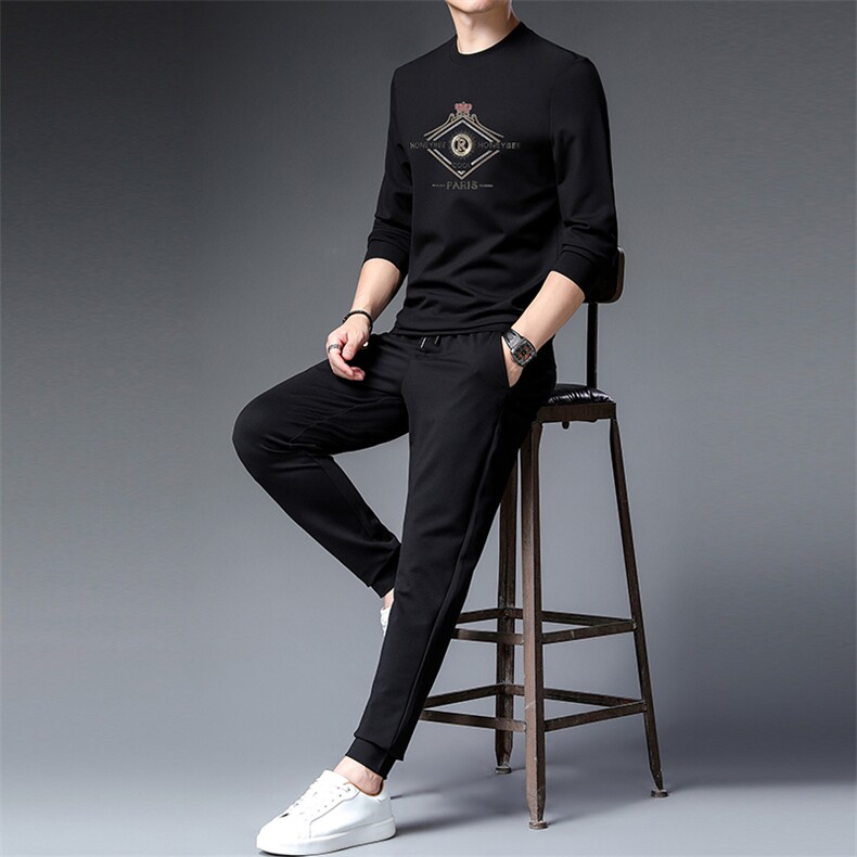 秋季男士休闲两件套圆领潮牌套装中年宽松免烫卫衣打底衫衣服秋装，男装休闲套装，电商B212（原钱塘6029）