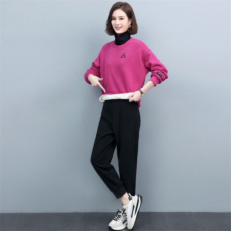 卫衣两件套秋冬宽松加绒加厚高领卫衣女休闲裤中老年妈妈装,女装套装/套裙,璐依舞