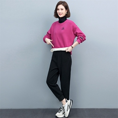 卫衣两件套秋冬宽松加绒加厚高领卫衣女休闲裤中老年妈妈装，女装套装/套裙，璐依舞
