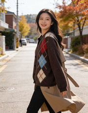 2026年秋季时尚百搭通勤简约休闲提花菱形格开衫，女装羊毛衫，美轩羊绒