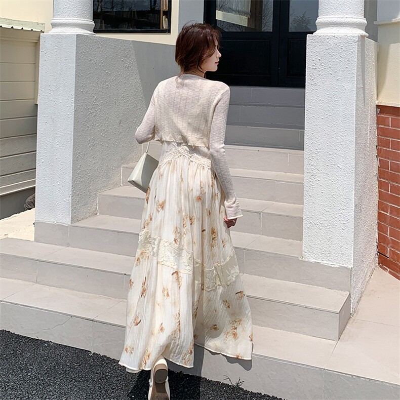 法式浪漫蕾丝拼接吊带连衣裙套装女2025秋新款长袖开衫气质两件套，女装套装/套裙，浙宝220