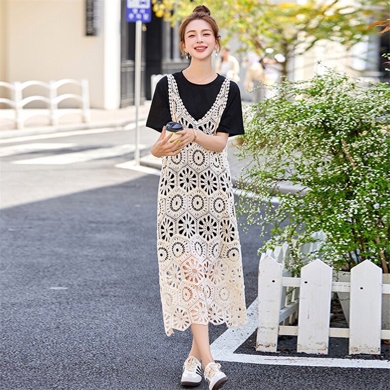 慵懒松弛感连衣裙女夏季2025新款韩版宽松遮肚显瘦蕾丝裙子两件套,女装套装/套裙,丽美静依