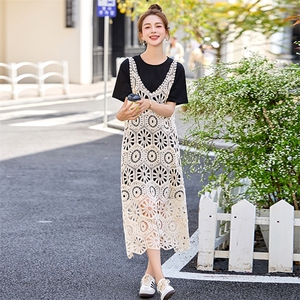 慵懒松弛感连衣裙女夏季2025新款韩版宽松遮肚显瘦蕾丝裙子两件套图片