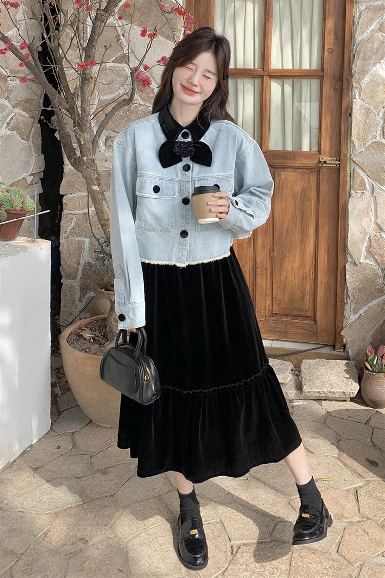 丝绒拼接蝴蝶结翻领牛仔外套女2025春秋季新款小个子显瘦别致上衣,女装连衣裙,2C198
