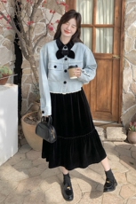 丝绒拼接蝴蝶结翻领牛仔外套女2025春秋季新款小个子显瘦别致上衣，女装连衣裙，2C198