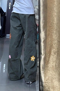 港风日系复古刺绣大口袋工装裤早春炸街高腰阔腿休闲裤ZK3886-P75图片