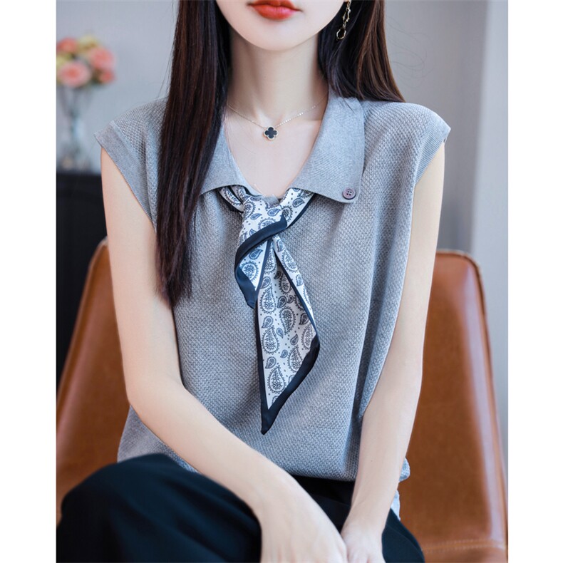 时尚翻领丝巾针织无袖背心上衣女2025夏季新款韩版小众简约T恤衫,针织衫/毛衣,源达羊绒
