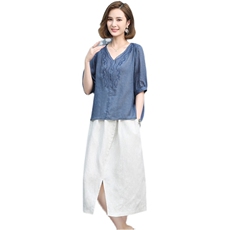 2021夏季新款简约气质V领绣花上衣时尚休闲舒适两件套裙，女装套装/套裙，丽影随形