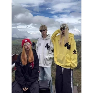 美式街头字母刺绣连帽卫衣男女2025新款秋冬情侣宽松休闲帽衫上衣图片