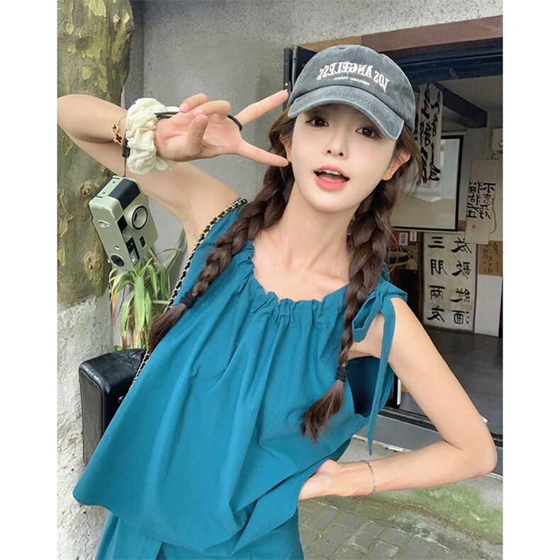 法式甜美减龄背心上衣套装女2025夏季新款显瘦压褶半身长裙两件套,女装连衣裙,2C016