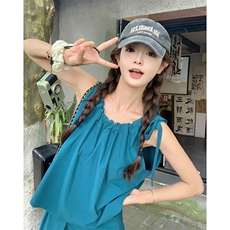 法式甜美减龄背心上衣套装女2025夏季新款显瘦压褶半身长裙两件套，女装连衣裙，2C016