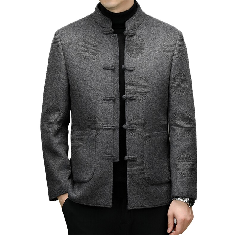 高端羊毛双面呢羽绒服唐装大衣男中年秋冬风双面呢羽绒服外套,男装羽绒服,钱塘723