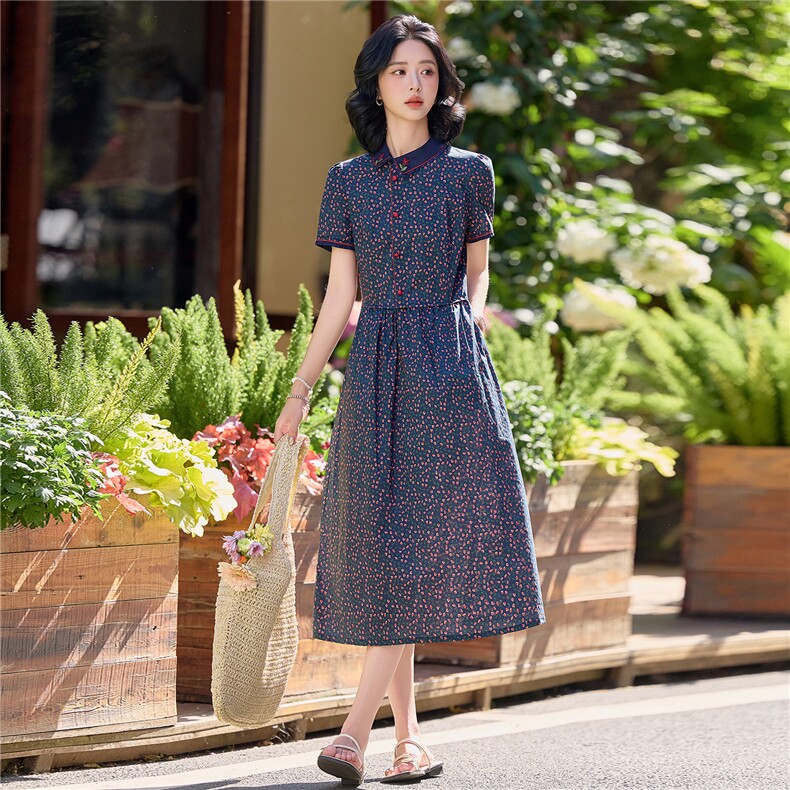 田园风斜领碎花刺绣连衣裙女春夏收腰显瘦中长裙（细节图颜色为）,女装连衣裙,水衣源