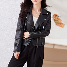 春秋新款海宁正品皮衣女短款韩版修身显瘦翻领机车皮夹克小外套潮，女装皮衣，潮流依族