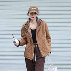 现货2024冬季新款时尚简约宽松休闲连帽夹棉棉衣外套，女装棉衣/棉服，深水步
