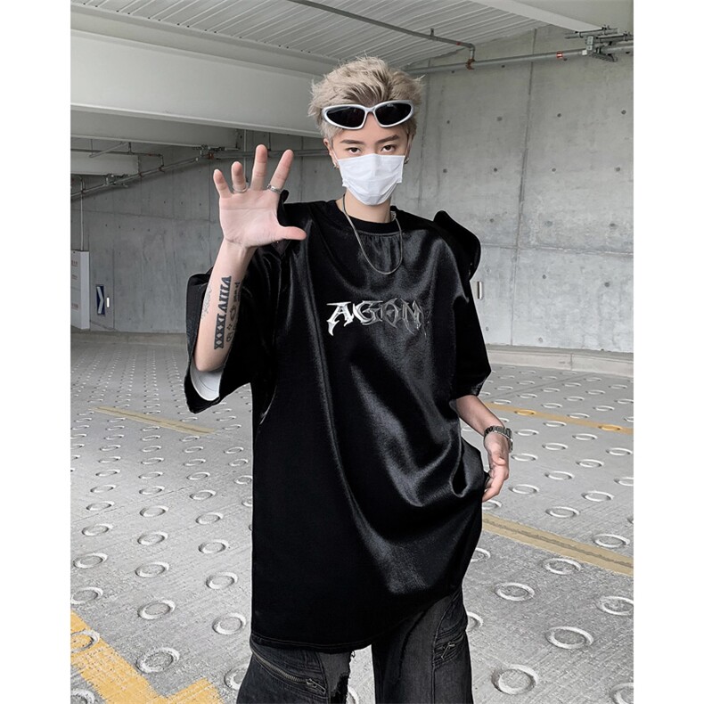 小众解构拼接亮面垫肩短袖t恤24夏设计感上衣XZ514-2-202410-P68,男装T恤,星座514-2(原B239)