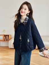 2026年春秋季格子翻领拼接菱形格短外套开衫上衣，女装棉衣/棉服，简韵佳