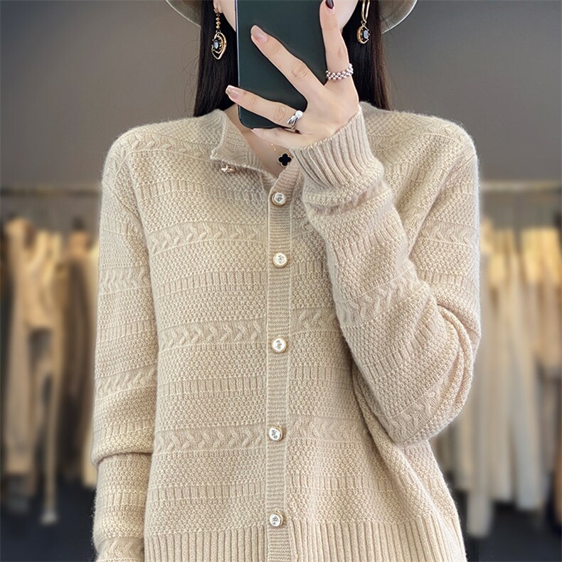 连帽100%羊毛开衫女秋冬新款带兜针织毛衣帽衫外套宽松羊绒衫上衣，女装羊毛衫，琳尚羊绒