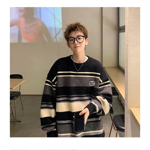 1506/QMY9250/P44毛衣男秋冬季日系复古条纹撞色套头打底针织衫图片
