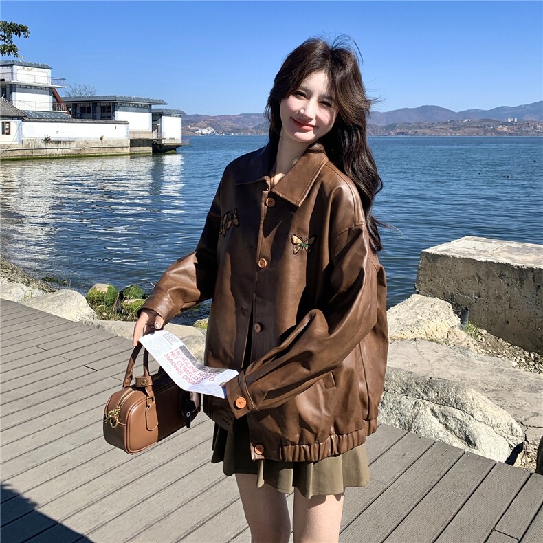 现货2026春季蝴蝶刺绣棕色皮衣外套2C056-7202-P170控278,女装短外套,2C056