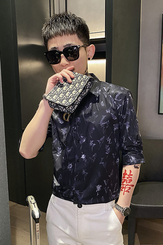 312A-106-P55新款社会小伙中袖衬衫韩版潮流男士五分袖衬衣C,男装T恤,星座312A-5