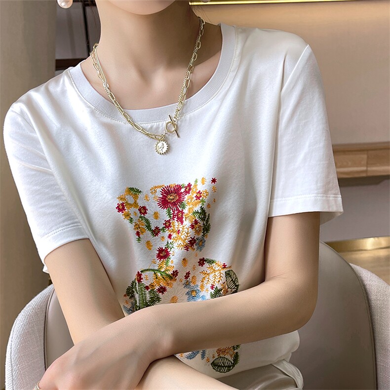 重磅真丝t恤女短袖印花桑蚕丝白色圆领小衫2024夏装半袖短款上衣,女装T恤,兴泰羊绒