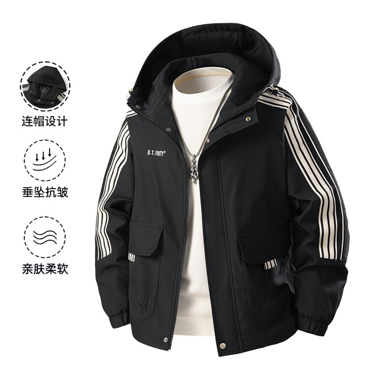 立体得物秋季新款宽松连帽三条杠夹克休闲外套A436-JK2588-P70,男装夹克,电商A436