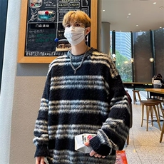 水貂绒条纹圆领毛衣男士秋冬季潮牌宽松慵懒风情侣针织衫外套7181，男装针织衫/毛衣，星座506