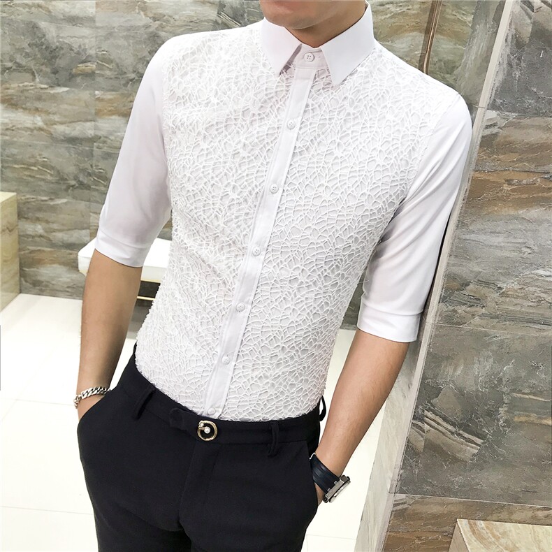 2021春夏新款修身衬衣男韩版潮个性七分袖衬衫发型师工服D440,男装衬衫,星座419（原A233）