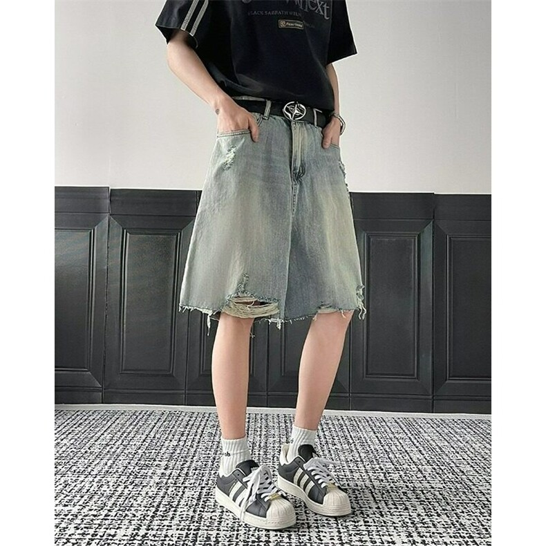 复古破洞牛仔短裤男夏季高街痞帅炸街潮牌裤子情侣短裤DG913-p48，男装牛仔裤，星座302B