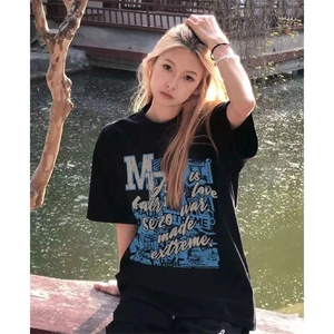 T0654-P25 24新款美式纯棉复古印花短袖 男女同款情侣百搭上衣图片