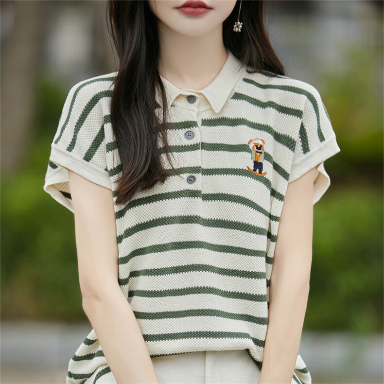 娃娃领条纹刺绣短袖t恤女夏季2025新款洋气大码女装冰丝针织上衣，女装针织衫/毛衣，斯美雅电商供货