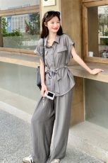 又酷又飒灰色衬衫套装女2025夏季新款时尚高级感宽松阔腿裤两件套，女装套装/套裙，欣美人
