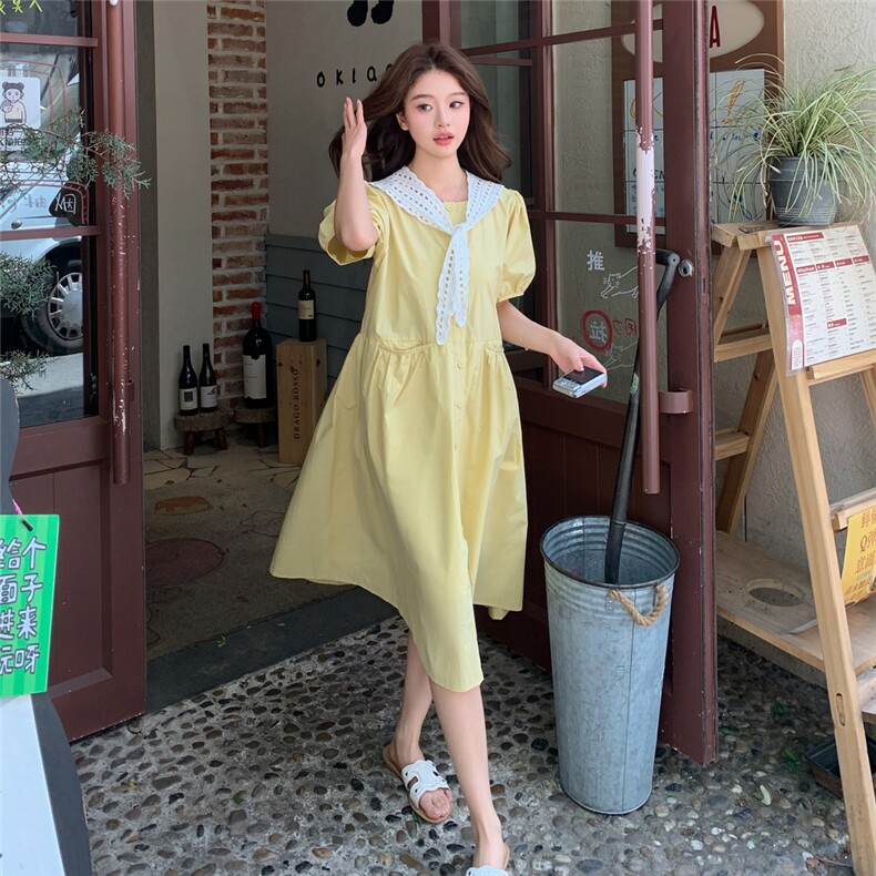 小清新黄色森系衬衫连衣裙女夏季2025新款披肩设计单排扣过膝长裙,女装连衣裙,2C090
