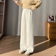 欧棉绒桑蚕羊毛阔腿裤秋冬新款高腰垂感加绒直筒糯米长裤，女装休闲裤，云美莎专业女裤-全店现货